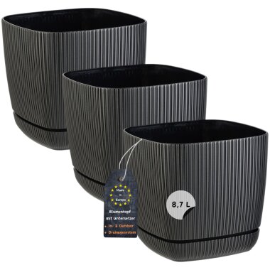 ENGELLAND 3× Drainagen-Topf Ø 24 cm Schwarz – moderner Pflanzkübel mit Drainagesystem & Untersetzer