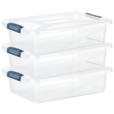 Flache Aufbewahrungsboxen 3er Set 6 L dunkelblau-transparent mit Deckel & Verschluss-Clips BPA-frei