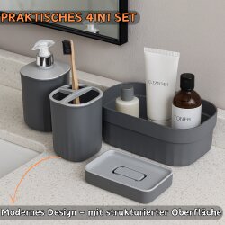 Engelland 4-teiliges Badezimmer-Set Anthrazit – Seifenspender, Seifenschale, Zahnbürstenhalter & Organizer aus BPA-freiem Kunststoff