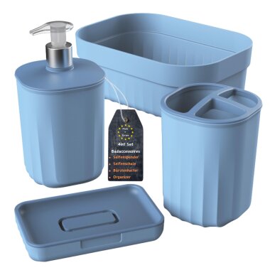 Engelland 4 teiliges Badezimmer Set Pastell-Blau – Seifenspender, Seifenschale, Zahnbürstenhalter & Organizer aus BPA freiem Kunststoff