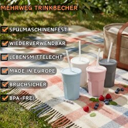 ENGELLAND 5 x Kunststoffbecher mit Deckel Hellgrau