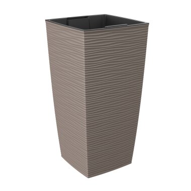 Engelland - Pflanzkübel mit Einsatz, Blumentopf mit 3D-Wellenstruktur, hoch & groß, modern & frostfest, robust & langlebig, für Innen & Außen, Kunststoff, quadratisch, 29 x 29 x 58,5 cm, Braun