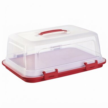 Engelland Rechteckige Kuchen-Transportbox mit Griff, Deckel und 4-fach Klick-Verschluss, Farbe: Rot-Transparent, 44 x 35 x 17,50 cm, BPA-frei, Torten-haube, Stückeinteilungshilfe