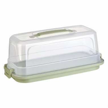 Engelland Schmale Kuchen-Transportbox mit Griff, Deckel und 2-fach Klick-Verschluss, Farbe: Pistaziengrün-Transparent, 38 x 18 x 14,50 cm, BPA-frei, Torten-haube, Stückeinteilungshilfe