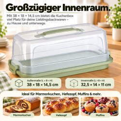 Engelland Schmale Kuchen-Transportbox mit Griff, Deckel und 2-fach Klick-Verschluss, Farbe: Pistaziengrün-Transparent, 38 x 18 x 14,50 cm, BPA-frei, Torten-haube, Stückeinteilungshilfe
