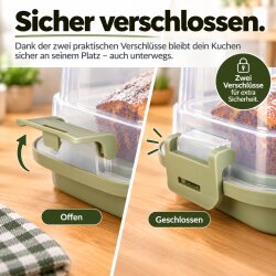 Engelland Schmale Kuchen-Transportbox mit Griff, Deckel und 2-fach Klick-Verschluss, Farbe: Pistaziengrün-Transparent, 38 x 18 x 14,50 cm, BPA-frei, Torten-haube, Stückeinteilungshilfe