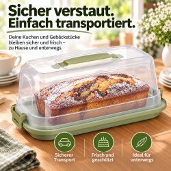 Engelland Schmale Kuchen-Transportbox mit Griff, Deckel und 2-fach Klick-Verschluss, Farbe: Pistaziengrün-Transparent, 38 x 18 x 14,50 cm, BPA-frei, Torten-haube, Stückeinteilungshilfe