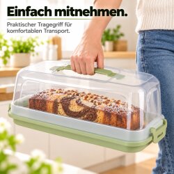 Engelland Schmale Kuchen-Transportbox mit Griff, Deckel und 2-fach Klick-Verschluss, Farbe: Pistaziengrün-Transparent, 38 x 18 x 14,50 cm, BPA-frei, Torten-haube, Stückeinteilungshilfe